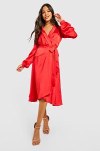 Boohoo Satijnen Midi Wikkel Skater Jurk, Red