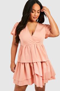 Boohoo Plus Woven Textured Ruffle Skater Dress, Coral