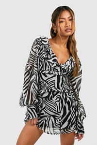 Boohoo Zebra Chiffon Ruffle Skater Dress, Multi