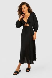 Boohoo Linen Tie Front Puff Sleeve Midaxi Dress, Black