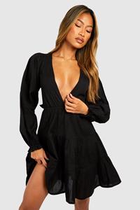 Boohoo Linen Plunge Long Sleeve Tiered Mini Dress, Black