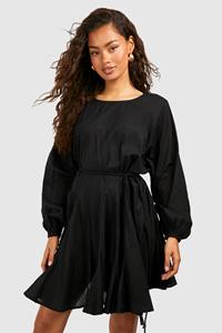 Boohoo Cotton Long Sleeve Godet Mini Dress, Black
