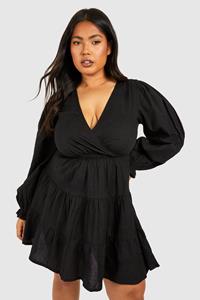 Boohoo Plus Linen Feel Plunge Tiered Mini Dress, Black