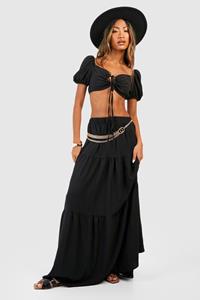 Boohoo Bralette Met Textuur, Pofmouwen En Maxi Rok Met Laagjes, Black