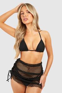 Boohoo 3 Piece Fishnet Triangle Bikini Set & Skirt, Black
