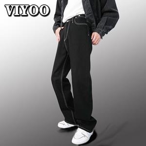 VIYOO Heren zwarte baggy jeans Koreaanse Y2K kleding denim vintage casual wijde pijpen broek dames midden taille baggy rechte broek jeans streetwear voor mannen