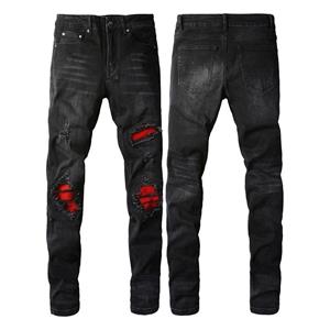 Little red horse Men's Broken Jeans Patch Jeans High Street Tide Men Slim Small Leg Trousers Jeans Black Jeans