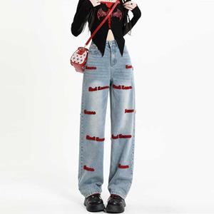 NiXis Embroidered Straight Jeans Women's Spring  Korean Style Retro Denim Trousers Harajuku Baggy Wide-leg Pants Streetwear