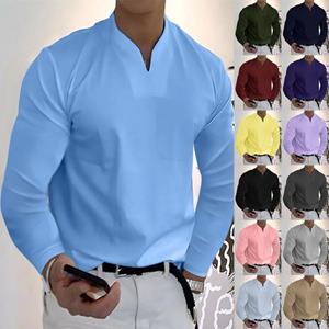 HerSight Effen kleur groot formaat zak sport T-shirt heren elastische lange mouw herfst V-hals heren T-shirts