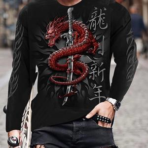 Bobby 2 Red Dragon & Sword Pattern Men's Long Sleeve Crew Neck T-shirt, Spring Fall