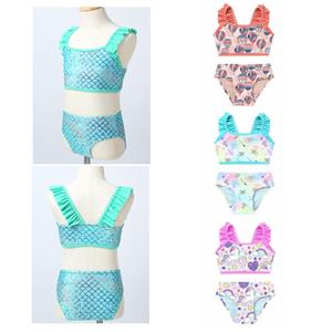 Fldy Kids Girls 2PCS Tankini Ruffled Shoulder Straps Printed Crop Top with Bottoms Hawaii Set Bikini Swimwear