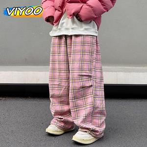 VIYOO Heren roze vintage oversized geruite broek zomer baggy wijde pijpen broek trekkoord Y2K streetwear broek Japanse Koreaanse kleding