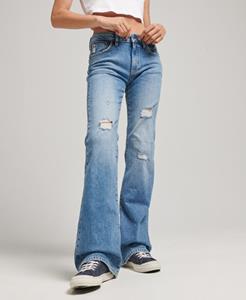 Superdry Female Slimfit Jeans met Middelhoge Taille en Wijduitlopende Pijpen Blauw