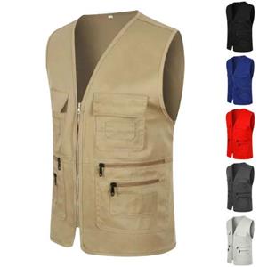 Selling Clothing Men Vest Jacket Solid Color Multiple Pockets Zipper Unisex Sleeveless Camping Work Clothes V Neck Outdoor Waistcoat Adult Clothes