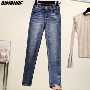 Dimanaf Plus Size Vrouwen Jeans Solid Pants Denim Herfst Vrouwelijke Elastische Basic Blauw Hoge Taille Broek Oversize Mode Nieuwe Broek 4XL 5XL
