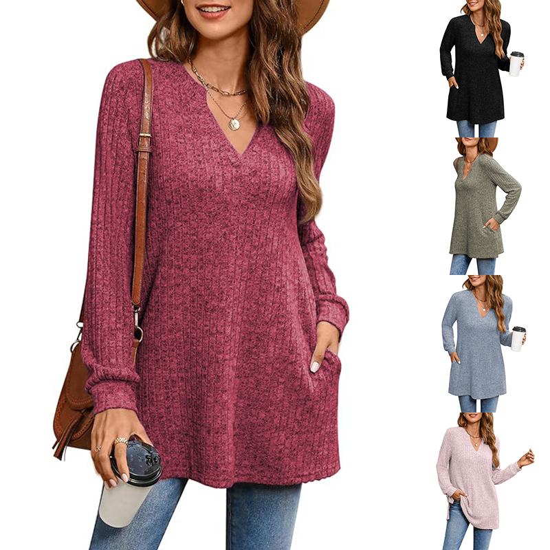 WanFuLai Women V-Neck Sweater Long Sleeve Knitted Jumper Side Slit Pullover Tunic Top Solid Color T-Shirt Top