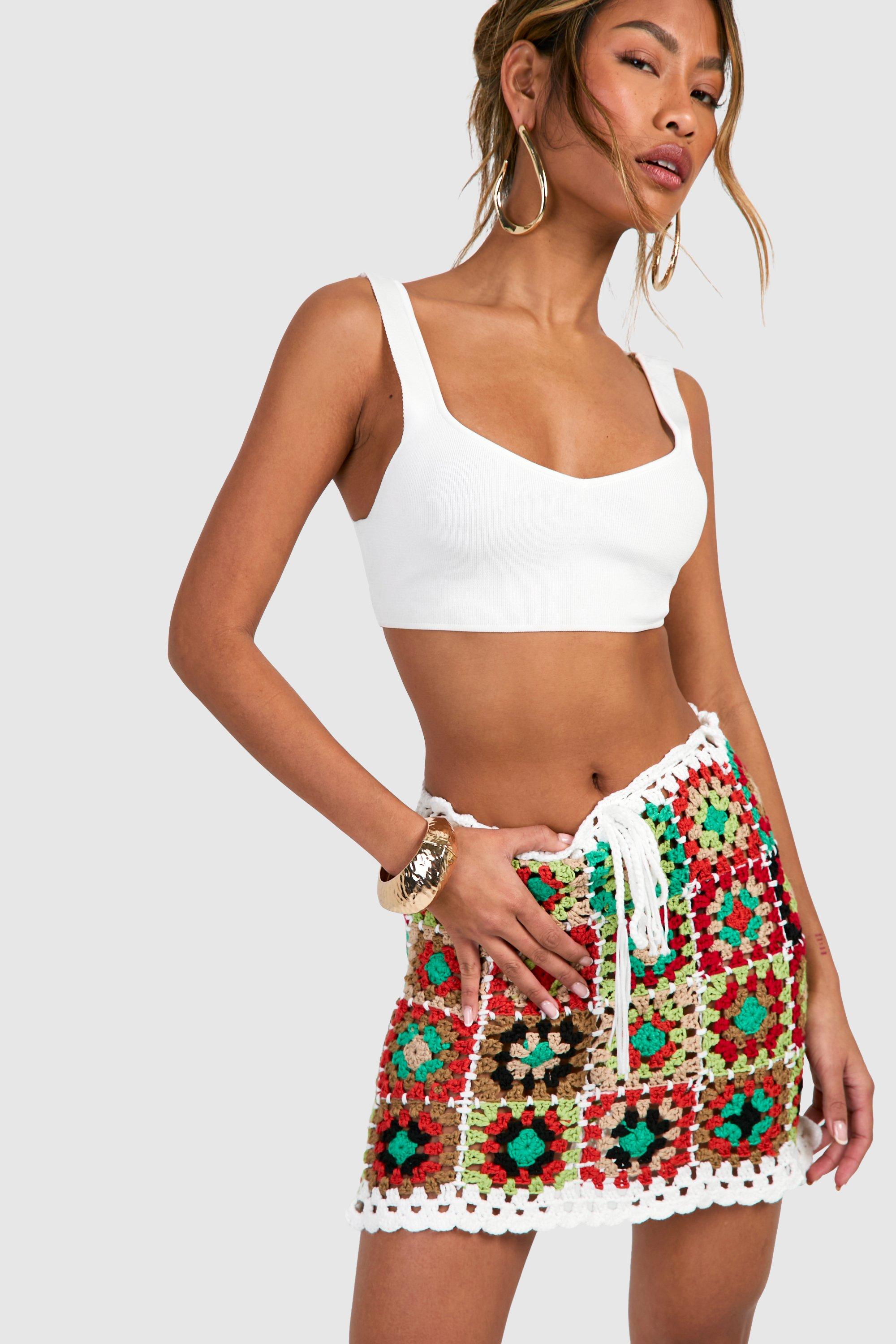 Boohoo Premium Patchwork Crochet Mini Skirt, White
