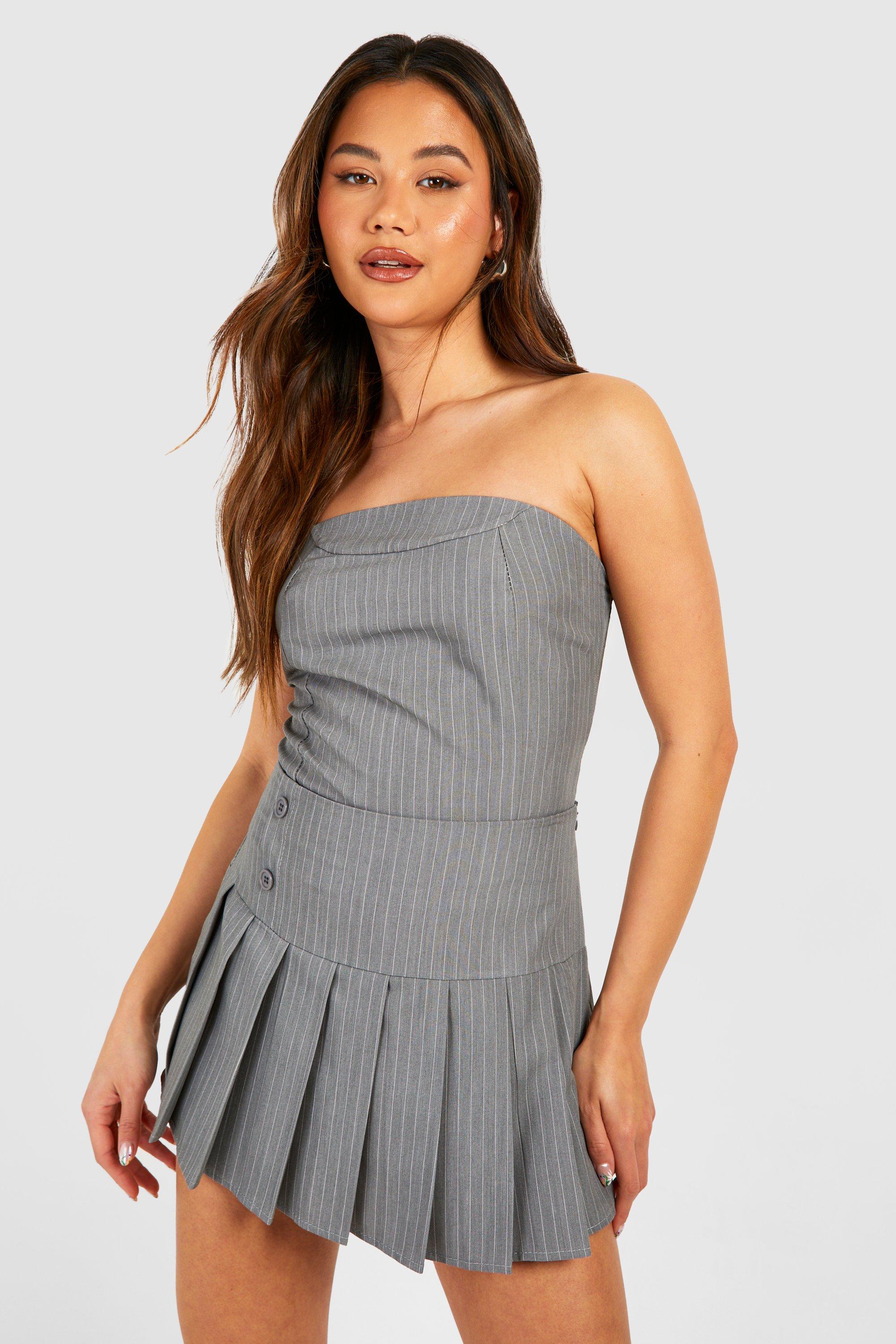 Boohoo Pinstripe Pleated Micro Mini Skirt, Grey