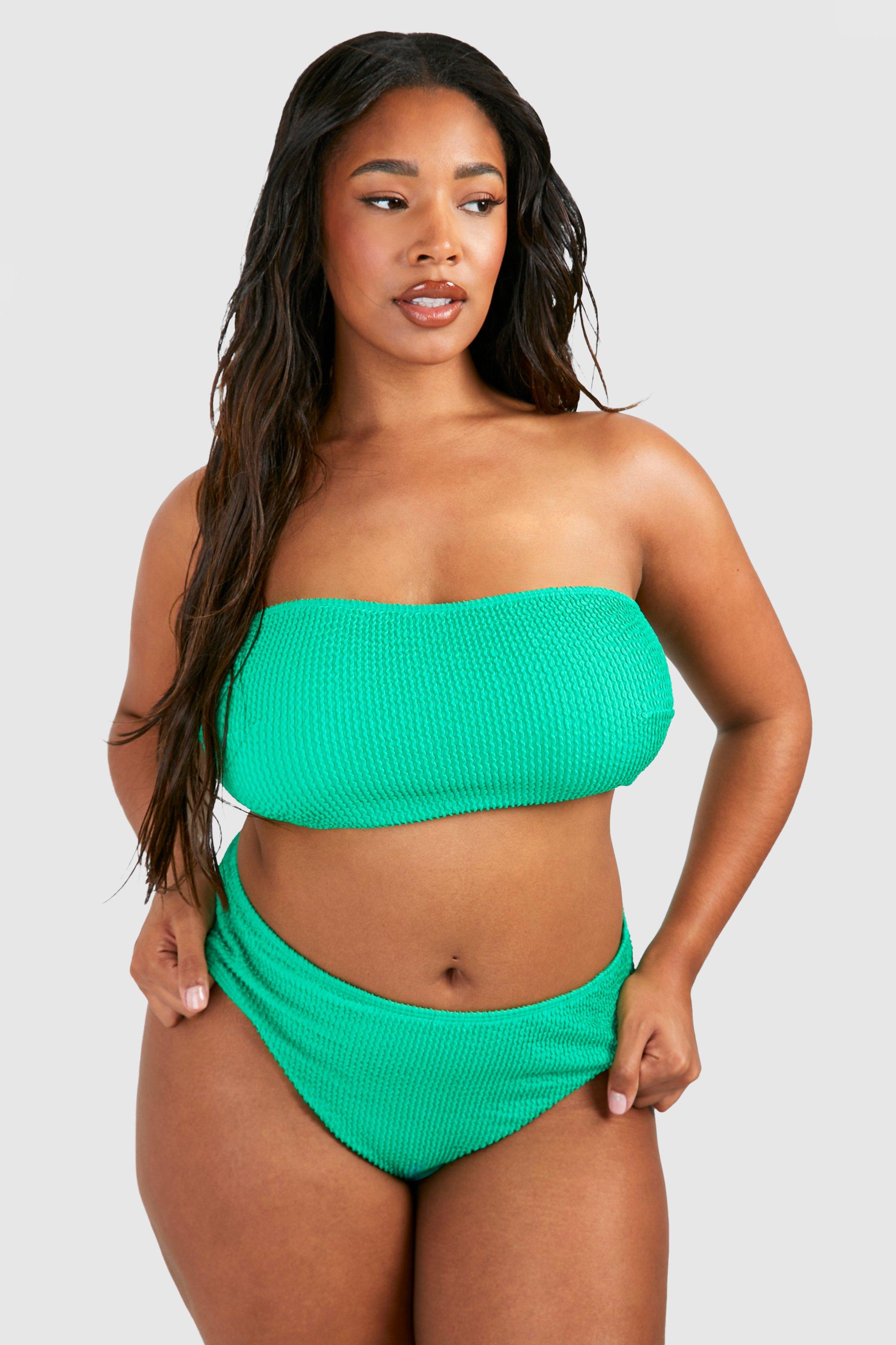 Boohoo Plus Crinkle Tummy Control Bandeau Bikini, Green