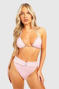 Boohoo Trim Detail Textured Halterneck Bikini Set, Baby Pink