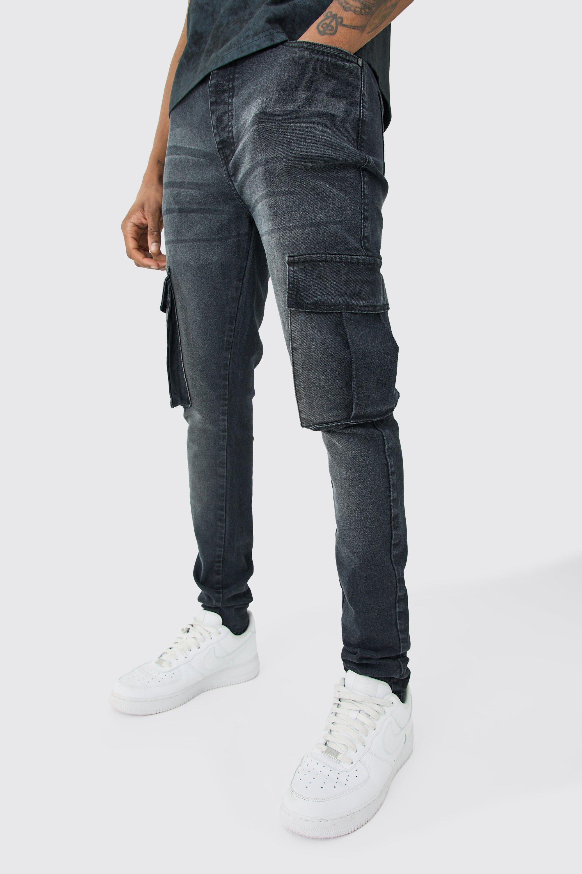 Boohoo Tall Super Skinny Cargo Jeans, Washed Black