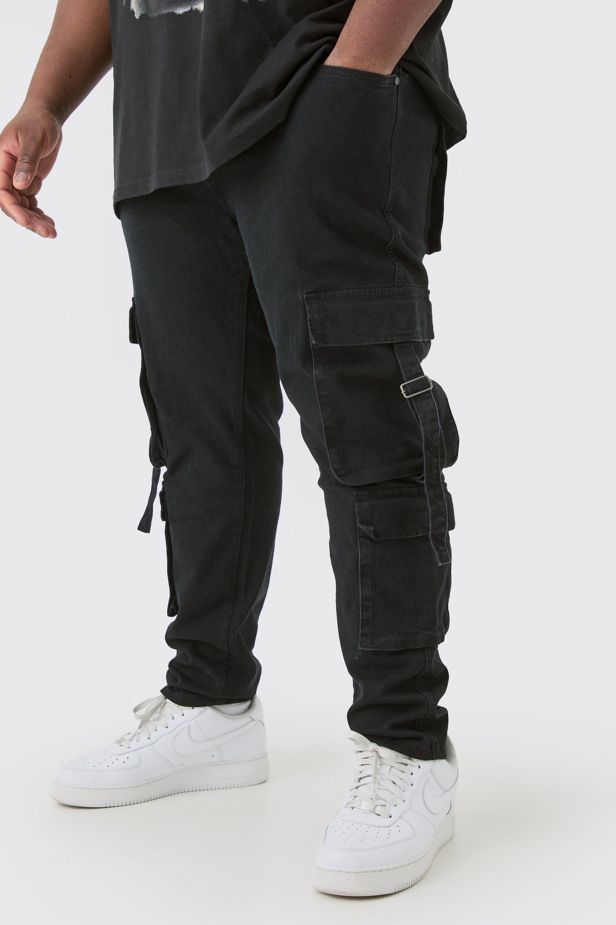 Boohoo Plus Zwarte Stretch Skinny Jeans Met Cargo Zak Detail, True Black