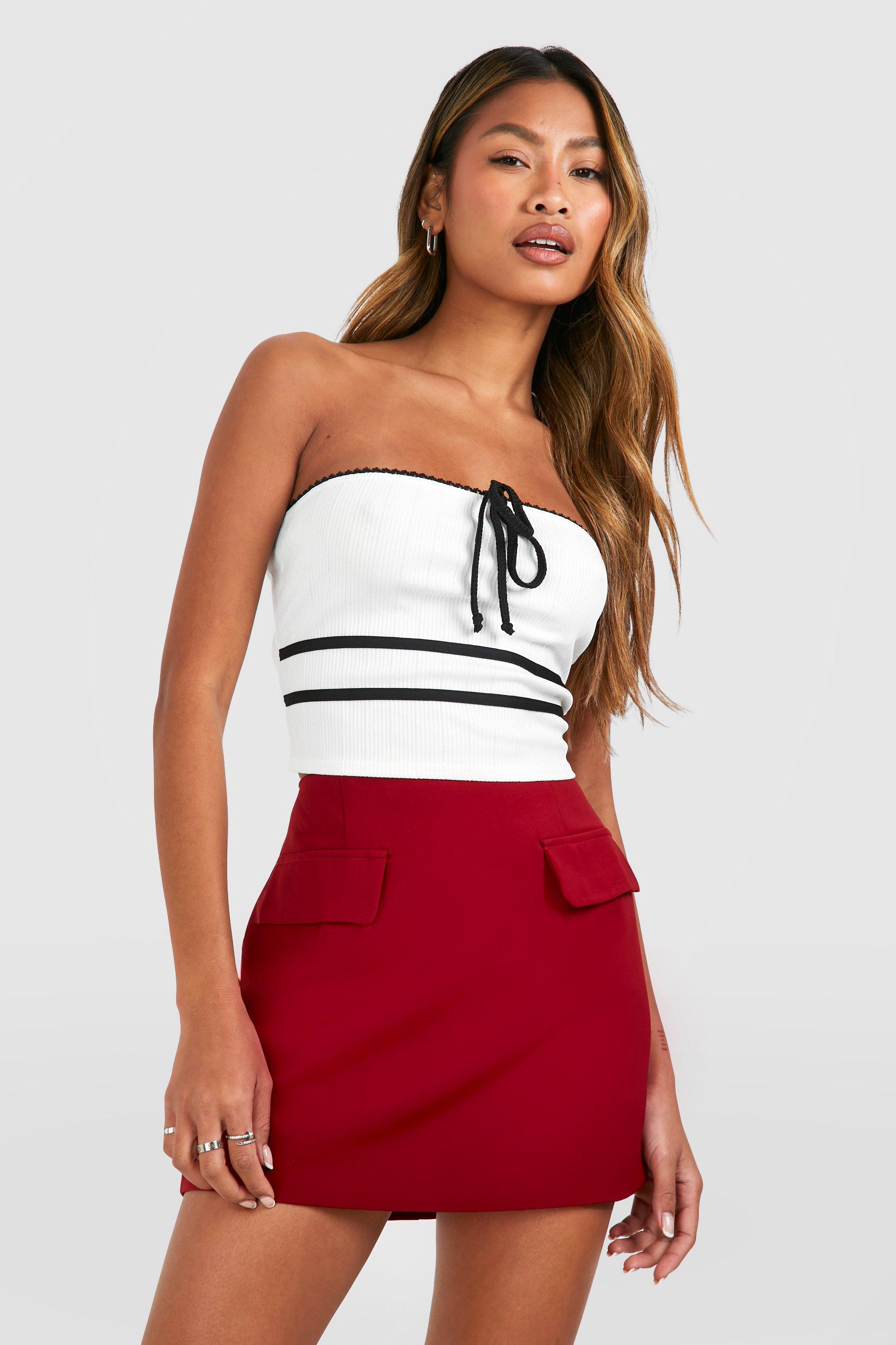 Boohoo Lace Trim Ribbed Contrast Bow Detail Bandeau, White