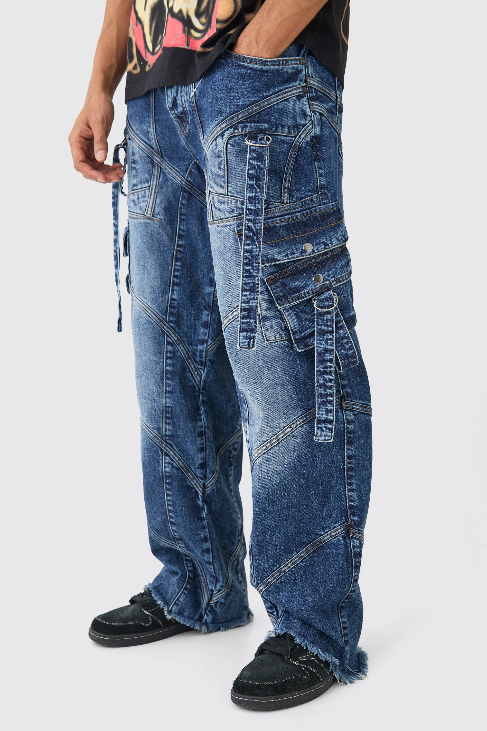 Boohoo Indigo Baggy Jeans Met Onbewerkte Bandjes En Gesp Detail, Indigo