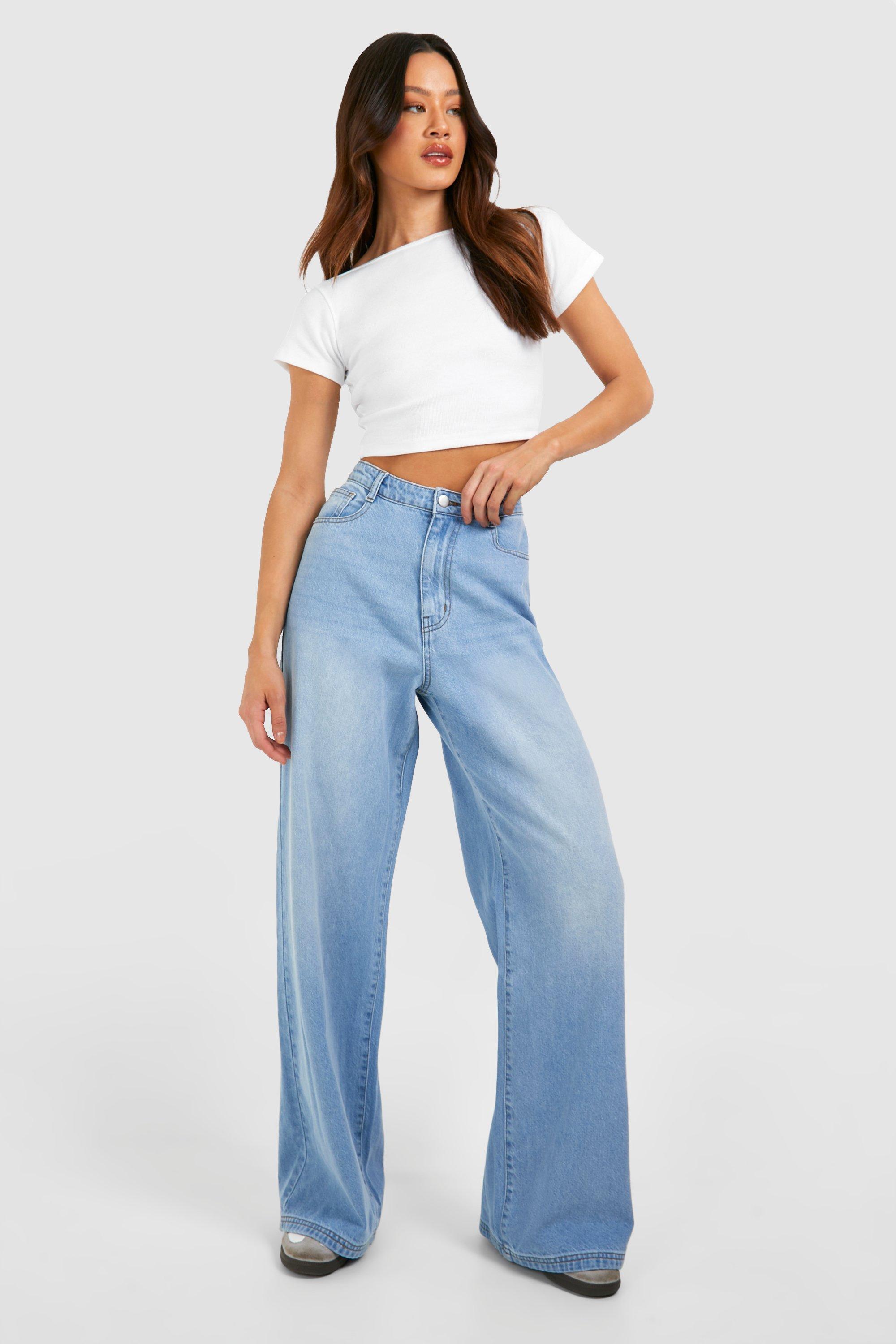 Boohoo Tall Blue Washed Wide Leg Jeans, Washed Blue