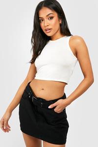 Boohoo Petite Low Waist Denim Mini Rokje Met Ceintuur, Black