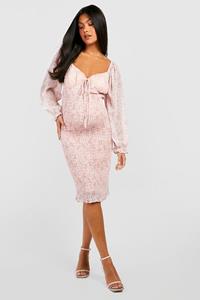 Boohoo Zwangerschap Geplooide Midi Jurk Met Lange Mouwen, Baby Pink