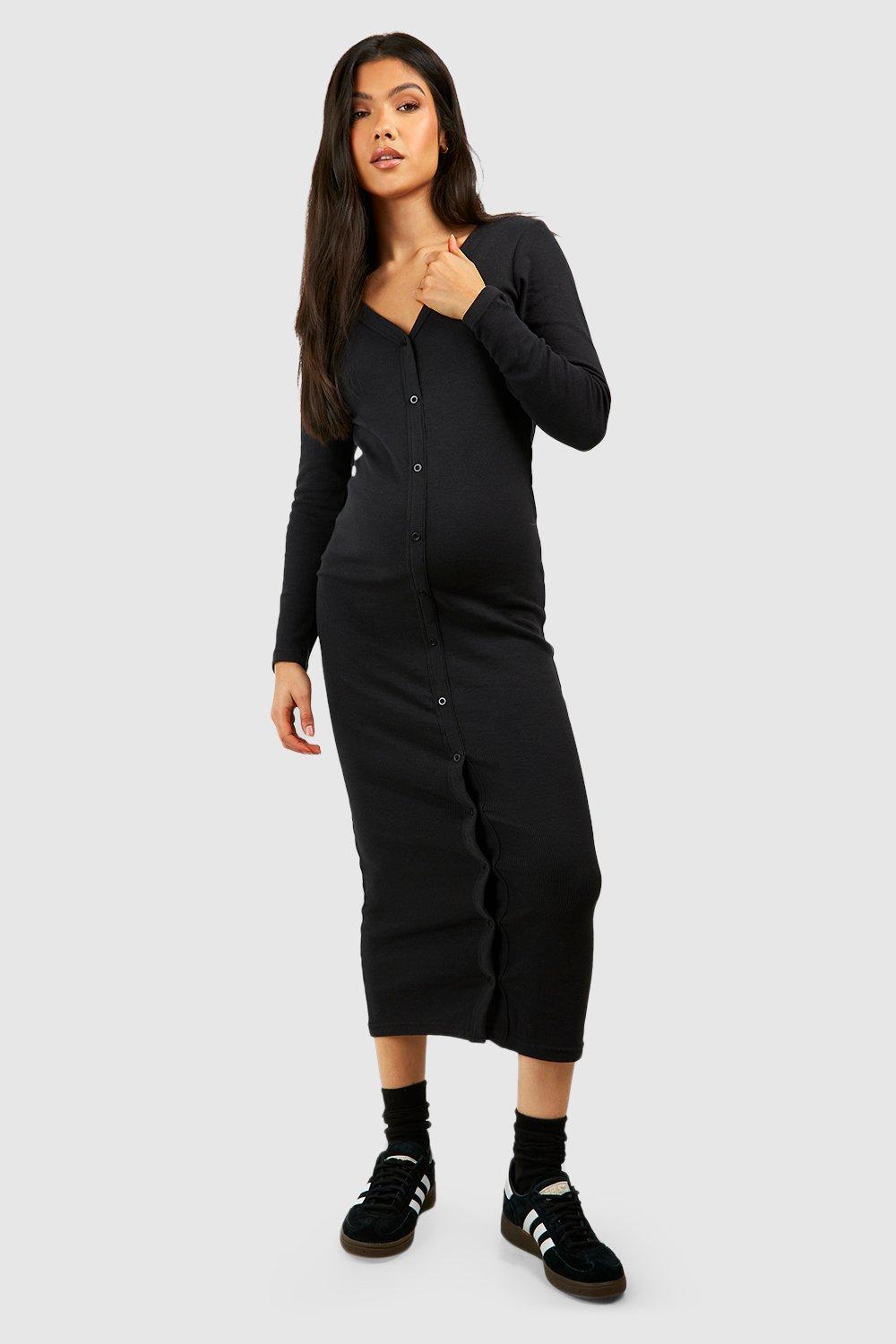 Boohoo Maternity Rib Button Through Midaxi Dress, Black