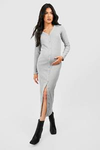 Boohoo Maternity Rib Button Through Midaxi Dress, Grey Marl