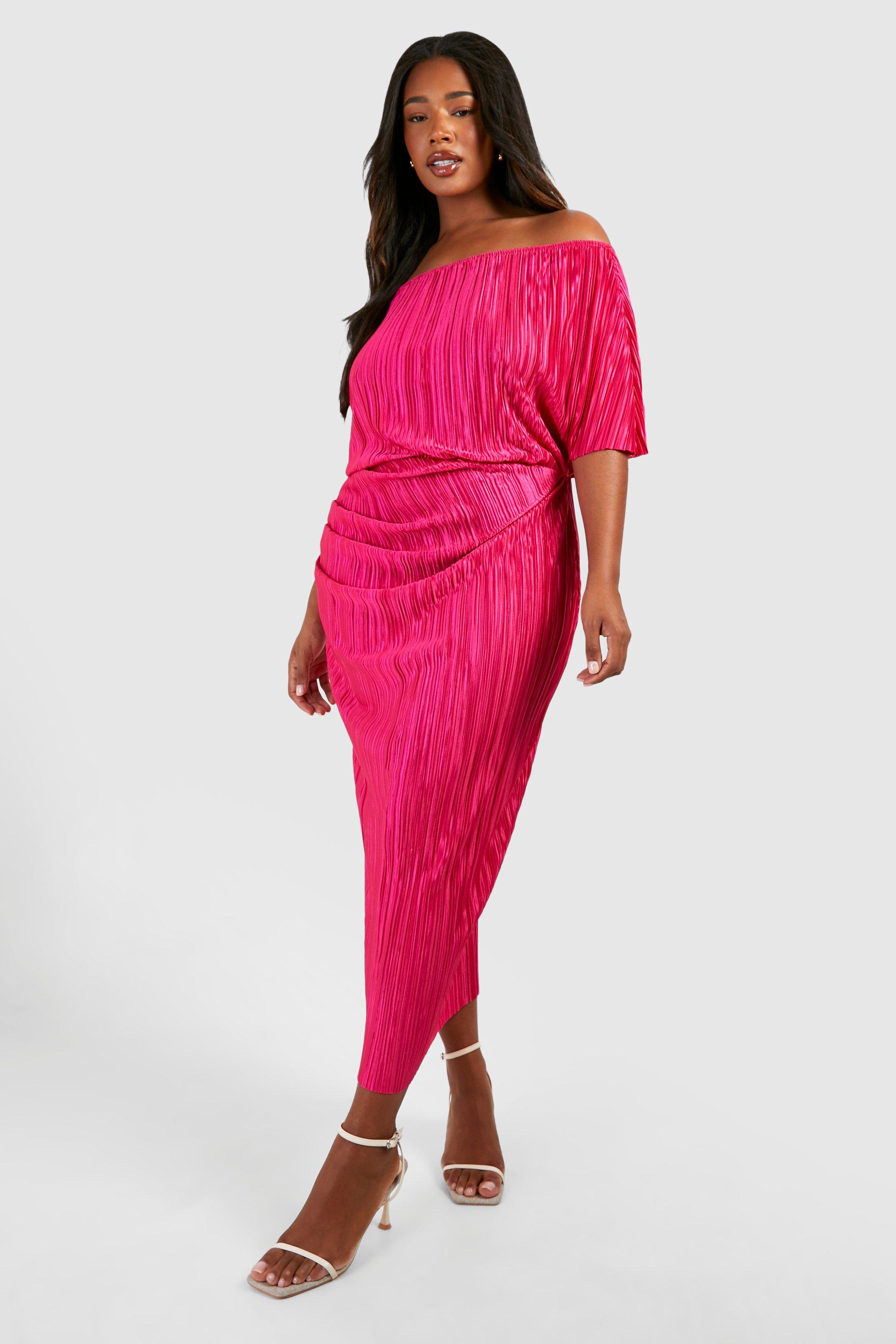 Boohoo Plus Off The Shoulder Plisse Midi Dress, Hot Pink