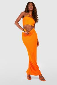 Boohoo Geribbelde Gebreide Crop Top Met Bandjes En Maxi Rok Set, Orange