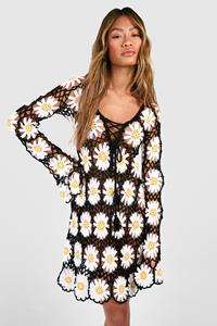 Boohoo Premium Flower Crochet Mini Dress, Black