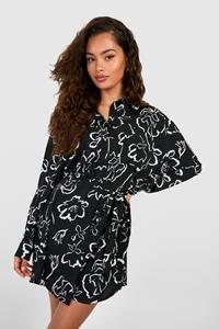 Boohoo Mono Floral Batwing Belted Shirt Dress, Black