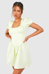 Boohoo Puff Sleeve Milkmaid Mini Dress, Lemon
