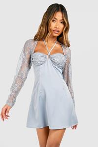 Boohoo Lace Sleeve Satin Mini Dress, Pastel Blue