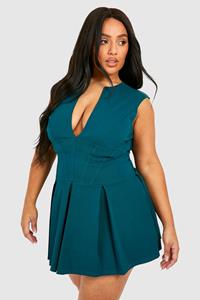 Boohoo Plus Corset Detail Plunge Pleated Hem Dress, Petrol