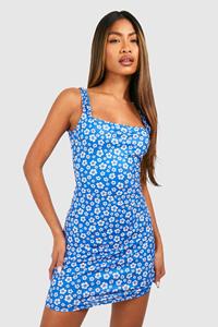 Boohoo Bloemen Bodycon Mini Jurk Met Vierkante Hals, Blue