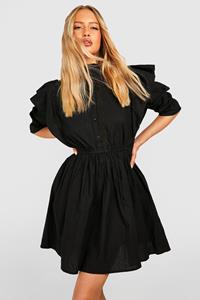 Boohoo Tall Geborduurde Katoenen Poplin Blouse Jurk, Black