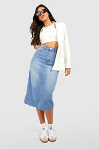 Boohoo Tall Midi Spijkerrok Met Hoge Taille, Mid Wash