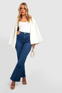 Boohoo Plus Flared High Waist Jeans, Mid Blue