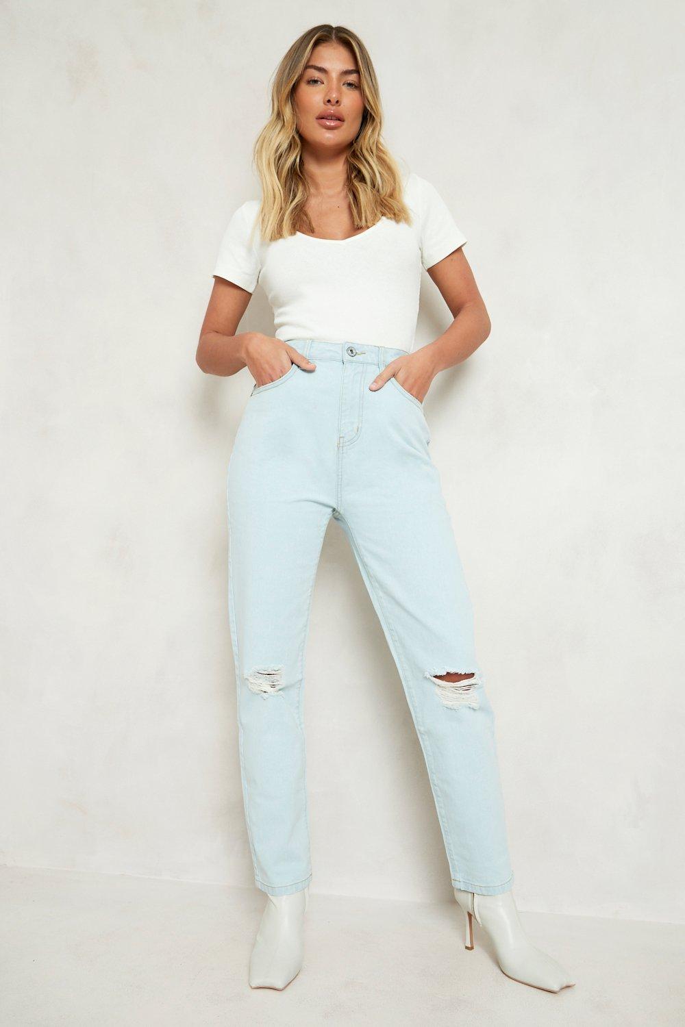 Boohoo Versleten Mom Jeans Met Hoge Taille, Lichtblauw