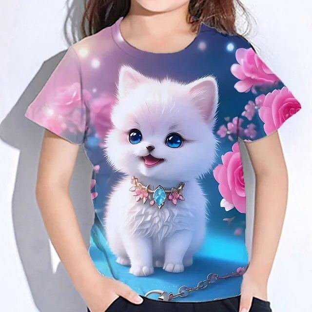 Xuhaijian02 Meisjes Herfst Kleding Leuke Harige Kat Print T-shirt Voor Kinderen Korte Mouw Van 8 Tot 10 Jaar Tieners Koreaanse tee Shirts Kinderen