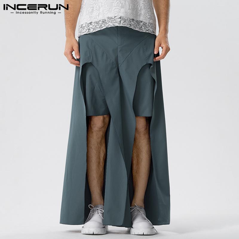 INCERUN Heren lange gepersonaliseerde trendy dubbellaagse broek met split