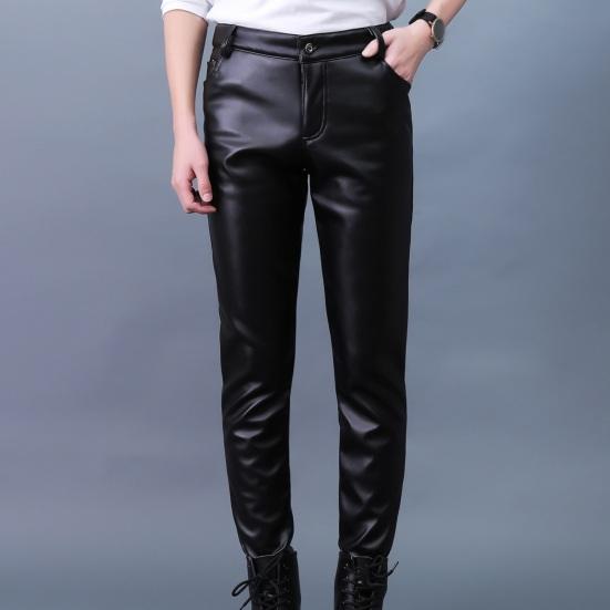 Tianhangyuan Mannen broek imitatieleer gladde effen kleur slim fit zakken midden taille zachte ademende elastische motocycle streetwear club lange broek