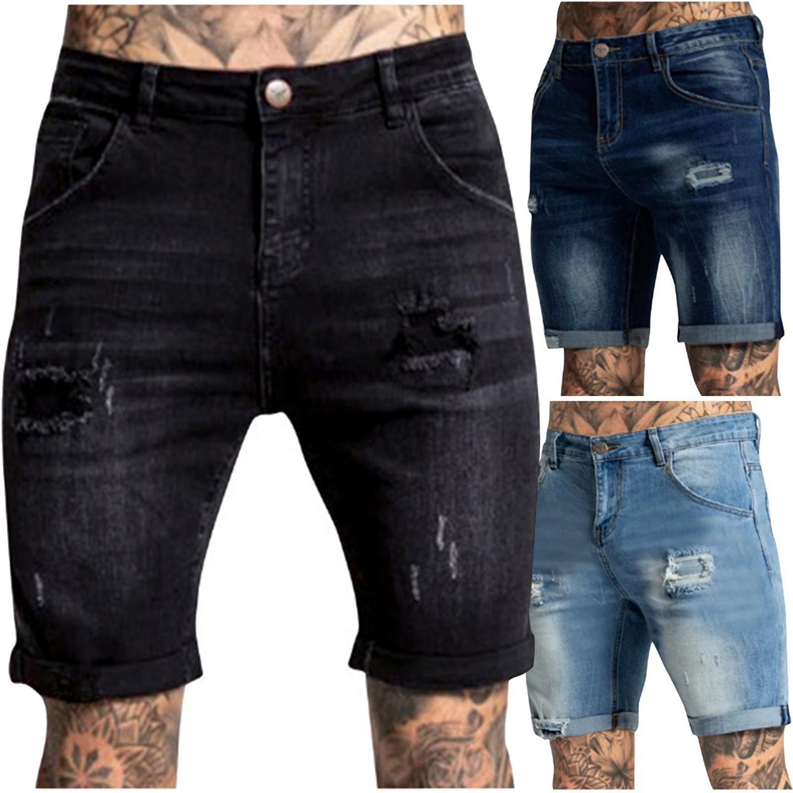 Free birds Men's Jeans Shorts Ripped Distressed Denim Shorts With Broken Hole Distressed Stretchy Jeans Ripped