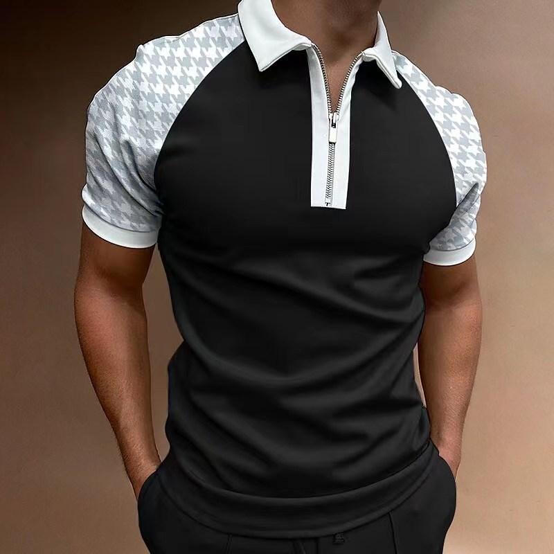 ForYourBeauty Men's Short Sleeve Patchwork Polo Shirt Lapel Collar Golf Clothing Men Polo Casual Zip Shirts